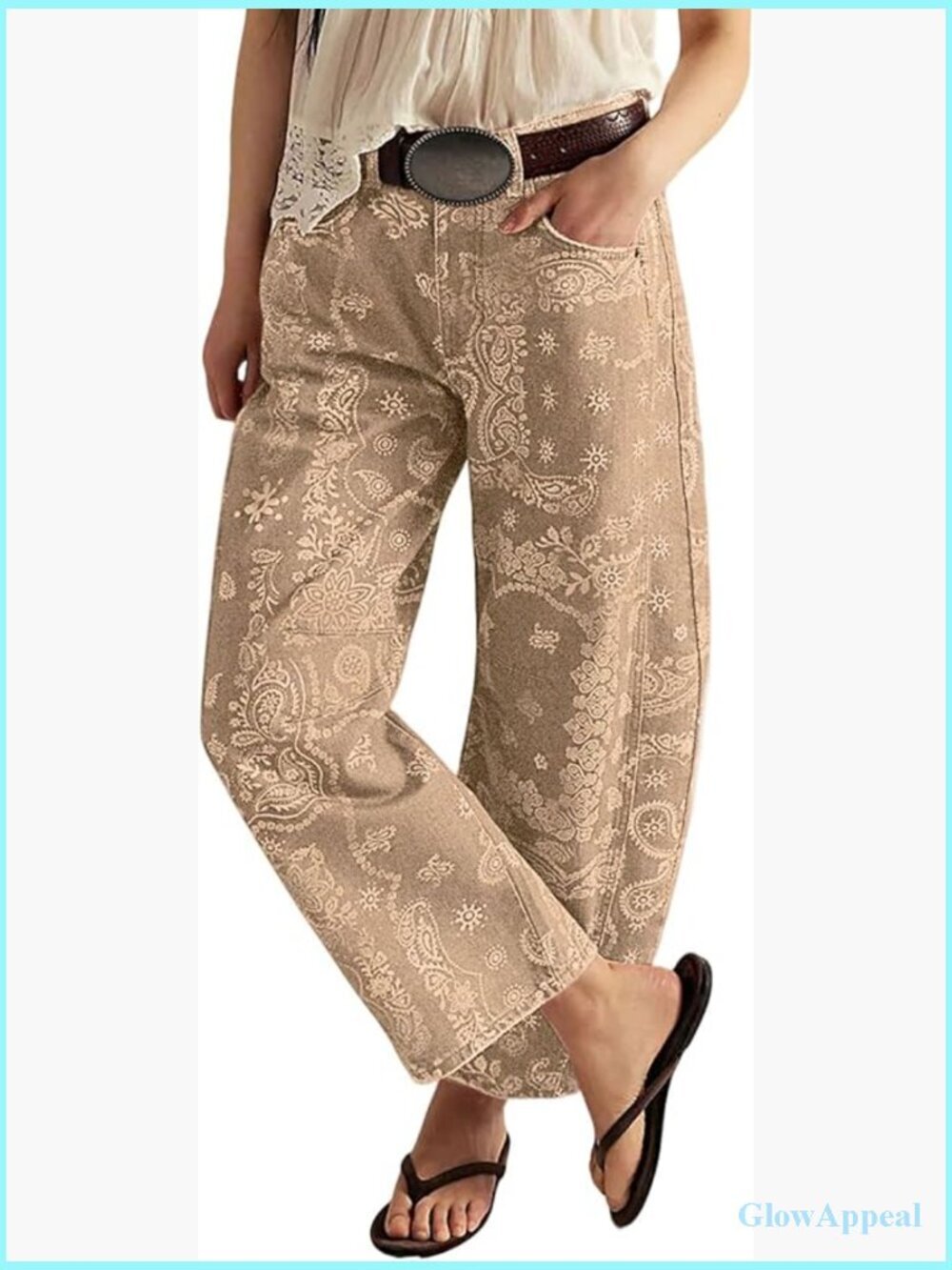 Women Boyfriend Baggy Barrel Jeans Floral Print Denim Ankle Pants Wide Leg Mid